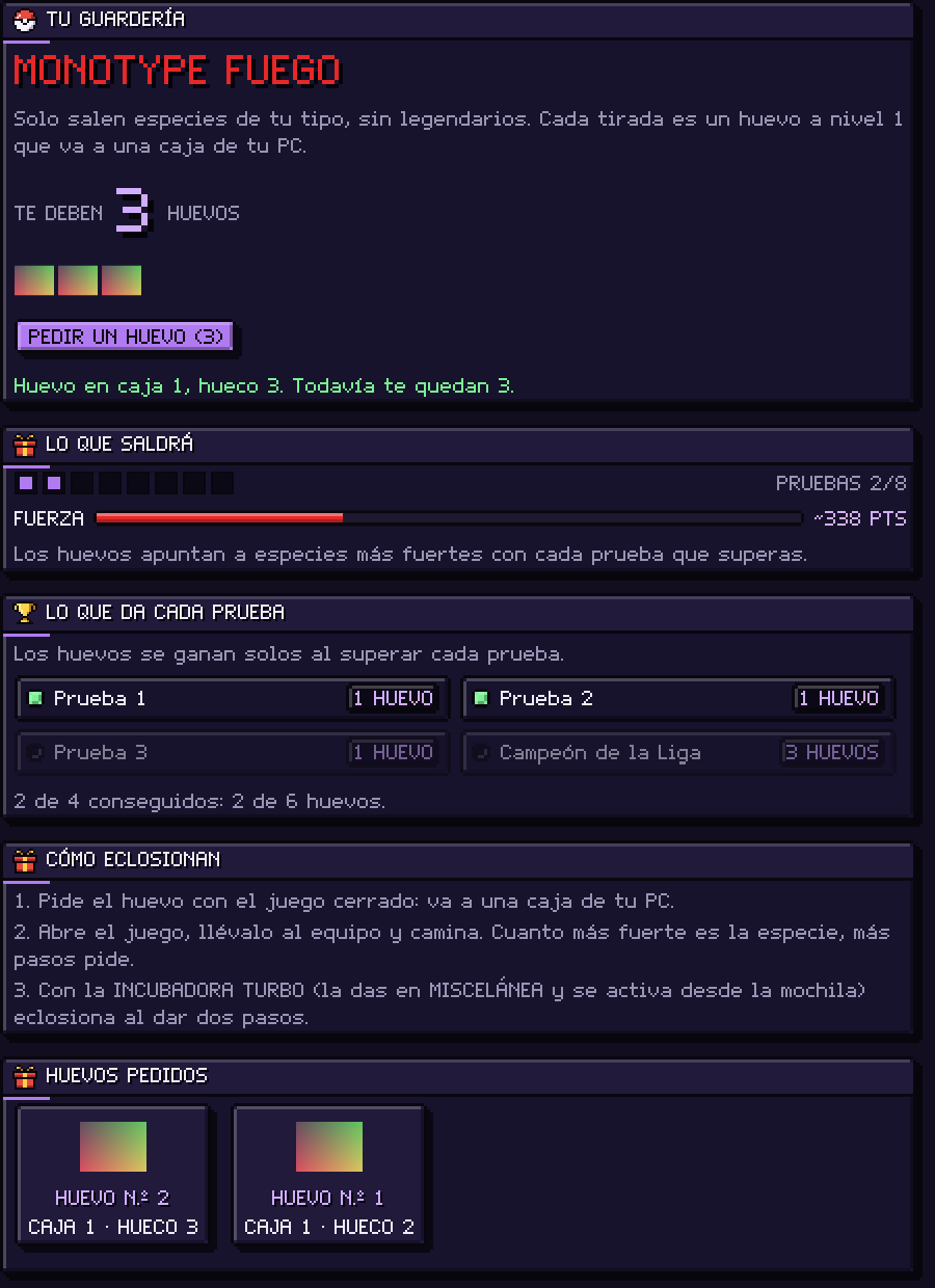 La pantalla Tu guardería con Monotype Fuego: te deben 3 huevos, lo que da cada prueba y los huevos pedidos